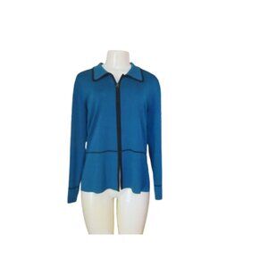 Exclusively Misook Teal Full-Zip Acrylic Jacket With Black Trim Long Sleeves XS